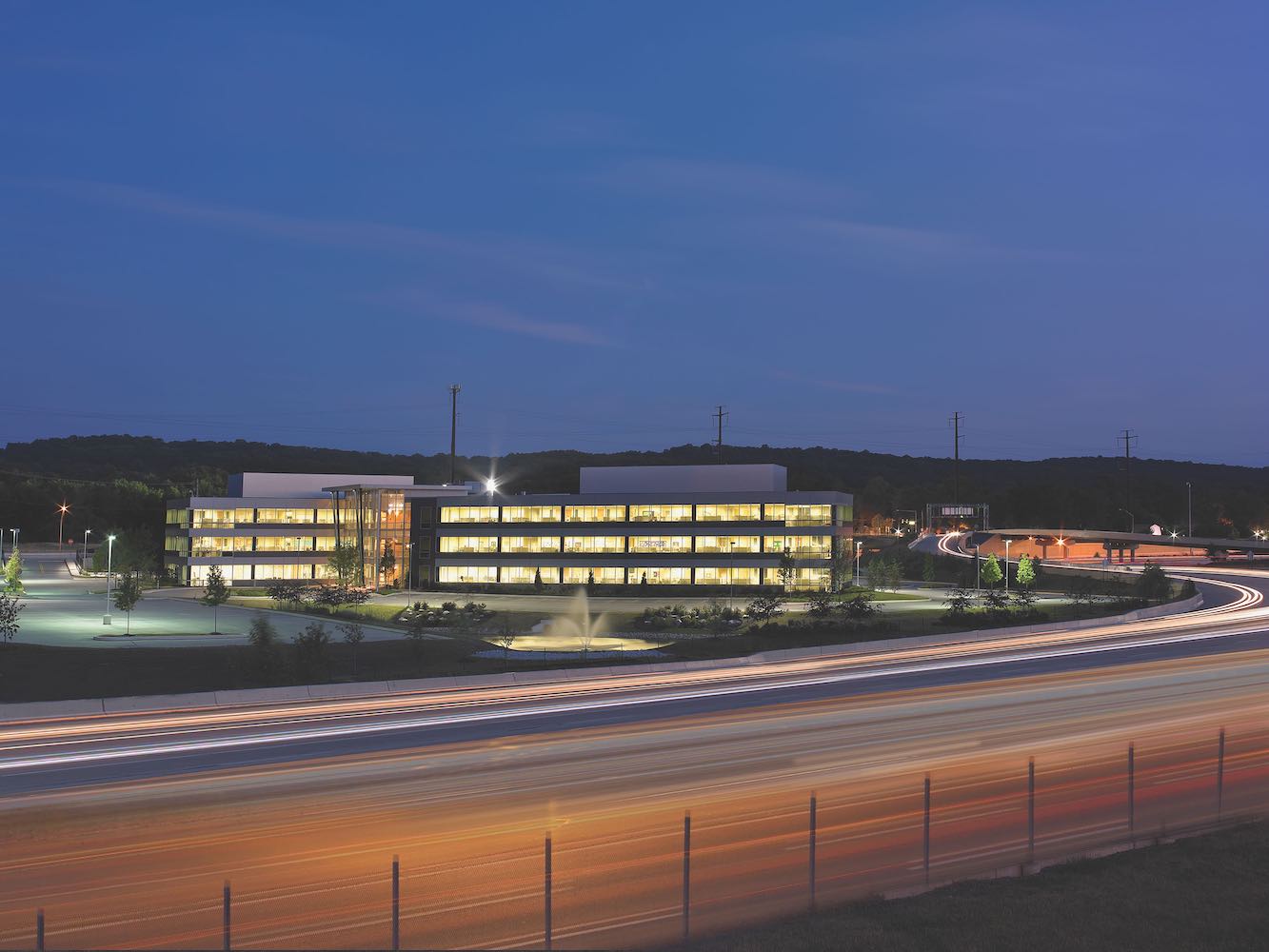 commercial building at night with long exposure lighting effects