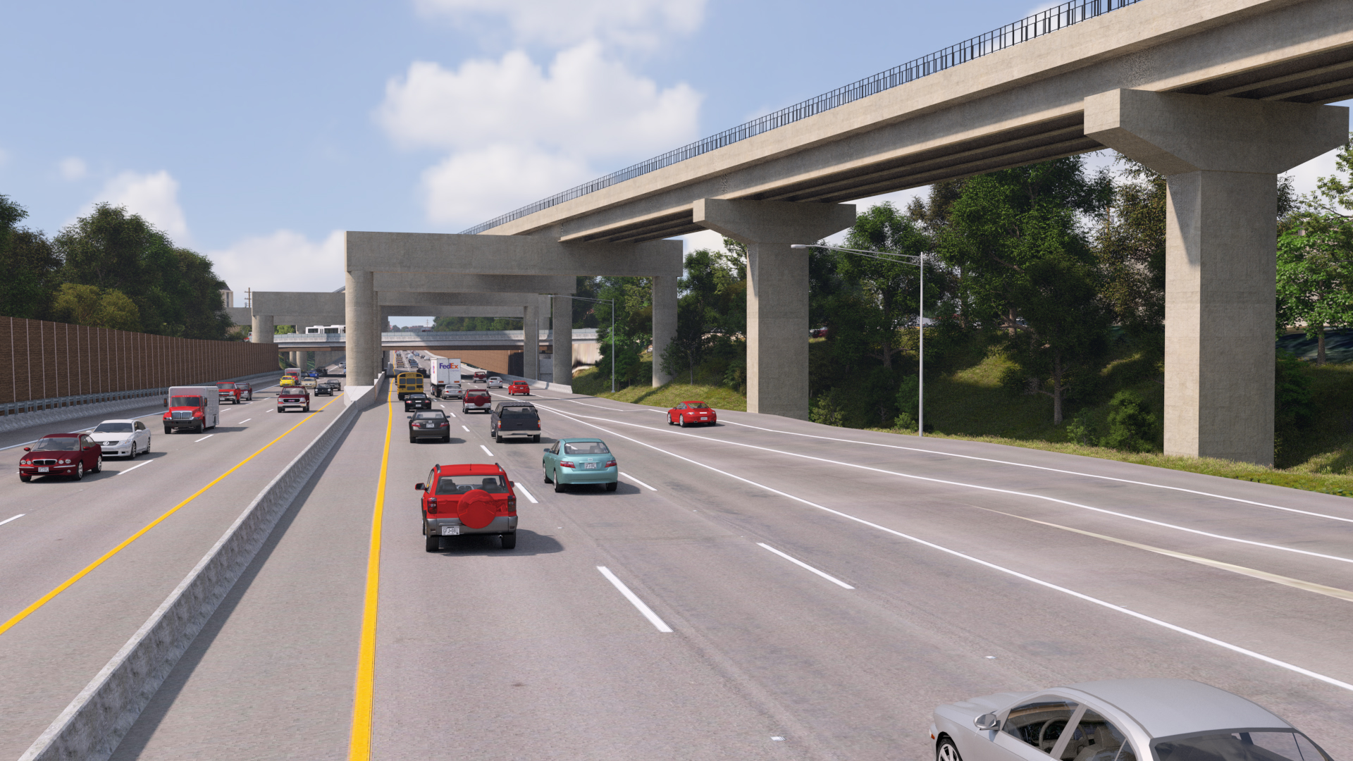 artistic rendering of a highway with cars and a raised rail line to the right