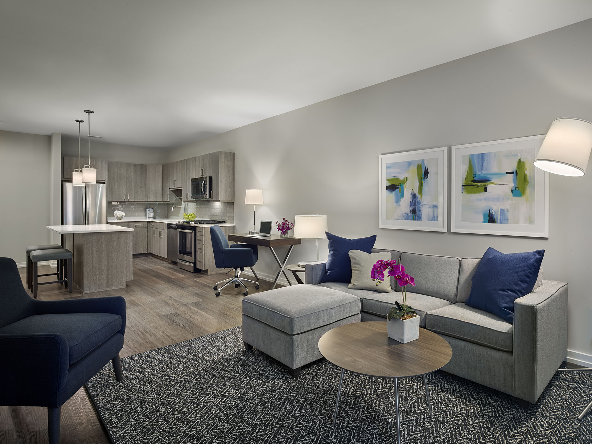 Living room interior with grey couches, cabinets and wall art