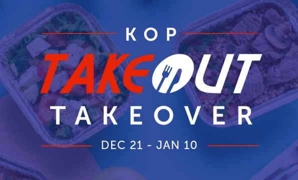 aerial view of food in takeout containers with KOP Takeout Takeover logo overlaid