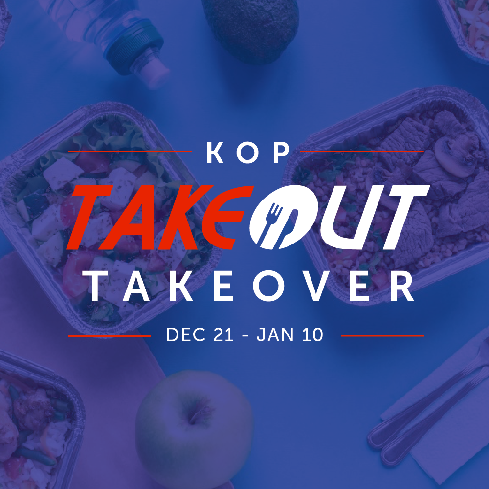 aerial view of food in takeout containers with KOP Takeout Takeover logo overlaid