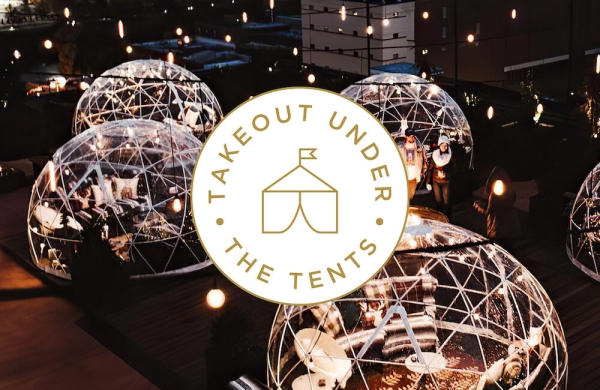 Image of garden igloos on a rooftop at night with a graphic over it reading takeout under tents