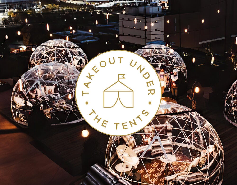 Image of garden igloos on a rooftop at night with a graphic over it reading takeout under tents