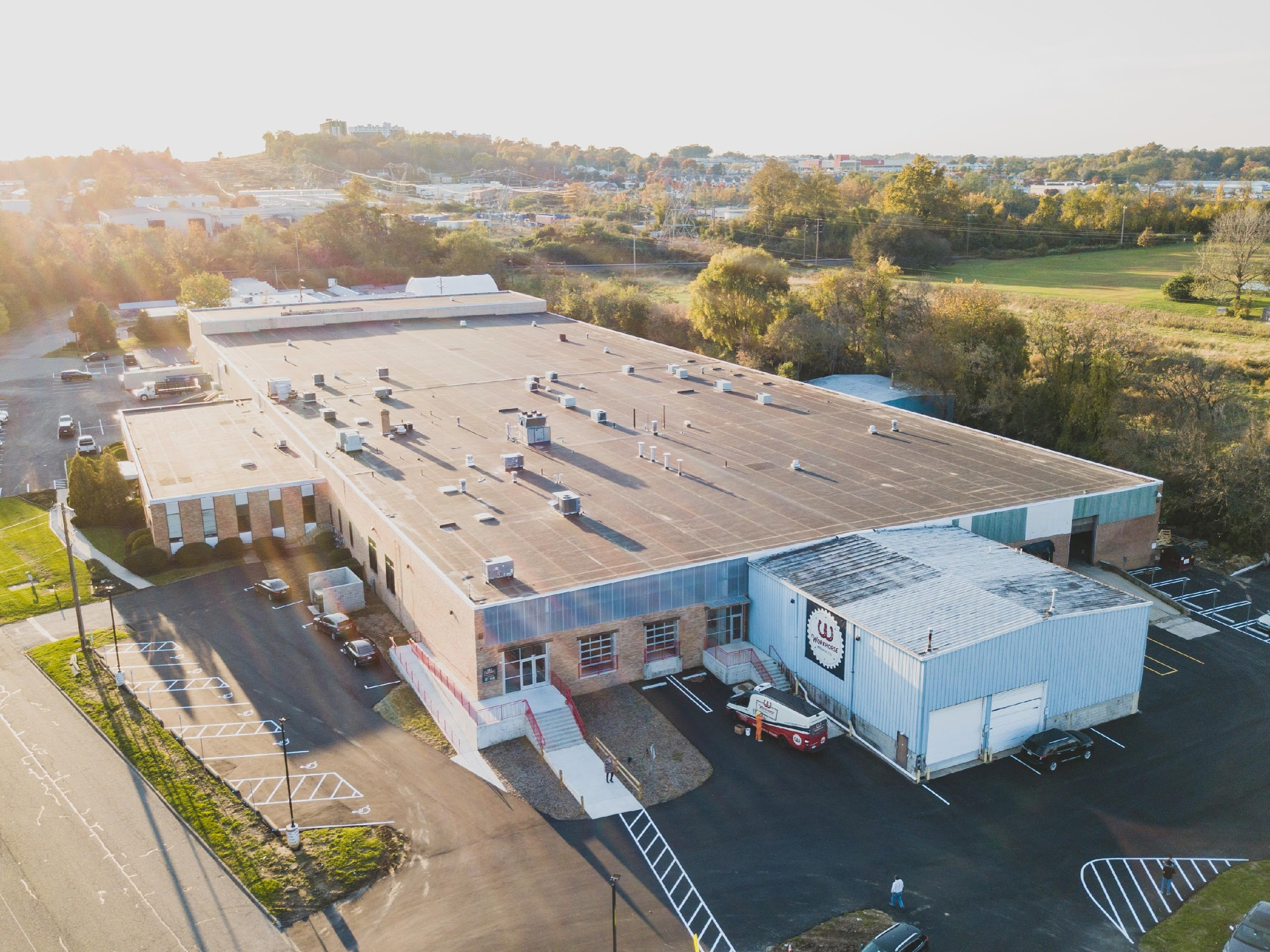 aerial view of too of large building