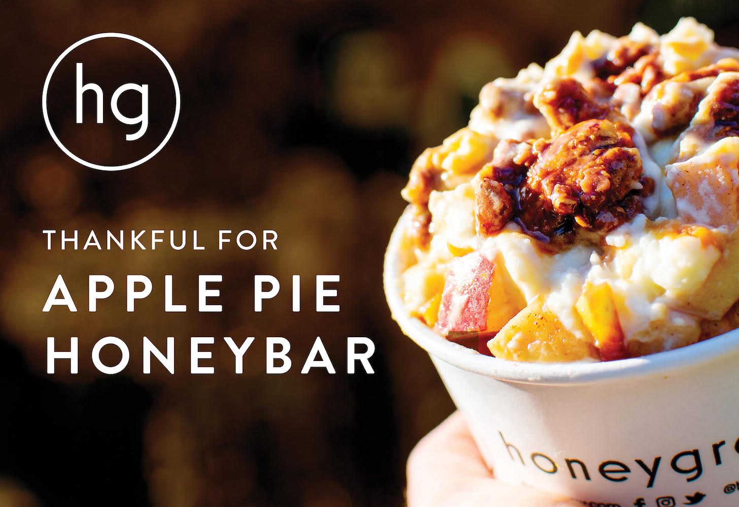 container with "honeygrow" written on it and ice cream, fruit and granola inside