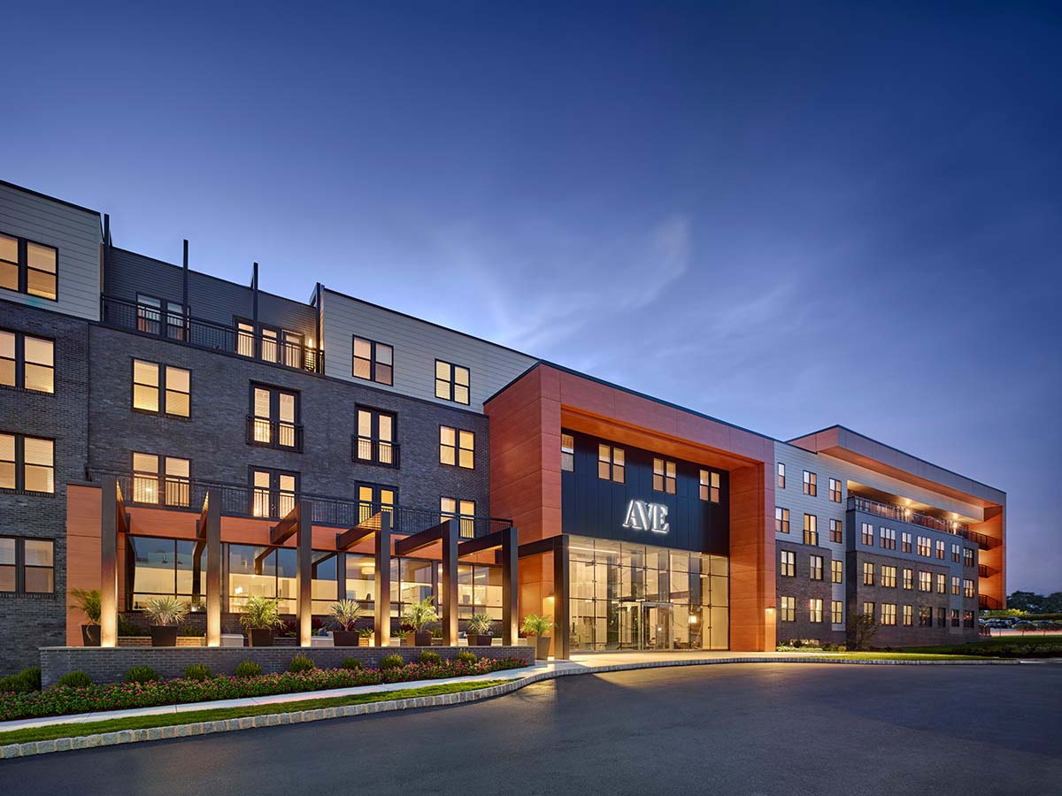 apartment building exterior at night