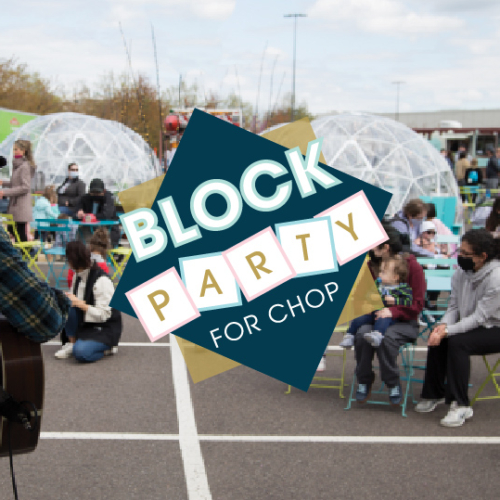 block party for CHOP graphic over photo of person playing guitar