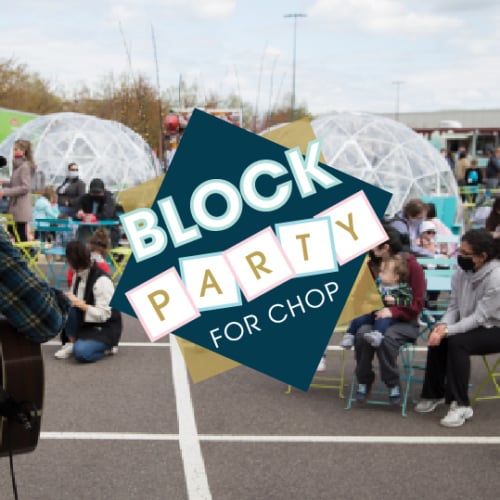 block party for CHOP graphic over photo of person playing guitar