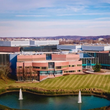 aerial view of commercial building in office park