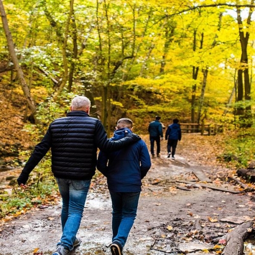 two pairs of people walking on a trail in the woods