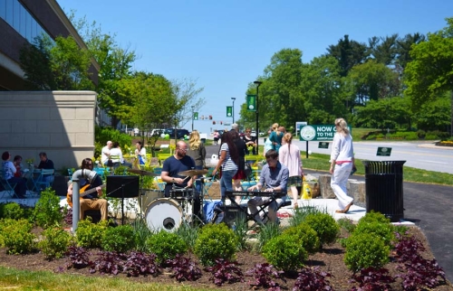 man playing music in park with other people around