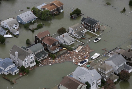 aerial view of a flooded residential neighborhood