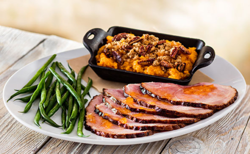 plate of ham, green beans and potatoes