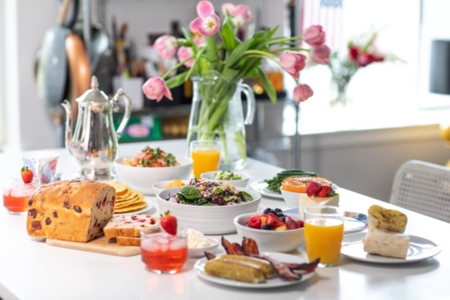 table full of brunch foods