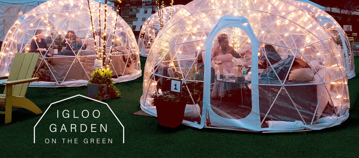 transparent igloo tents with lights at dusk