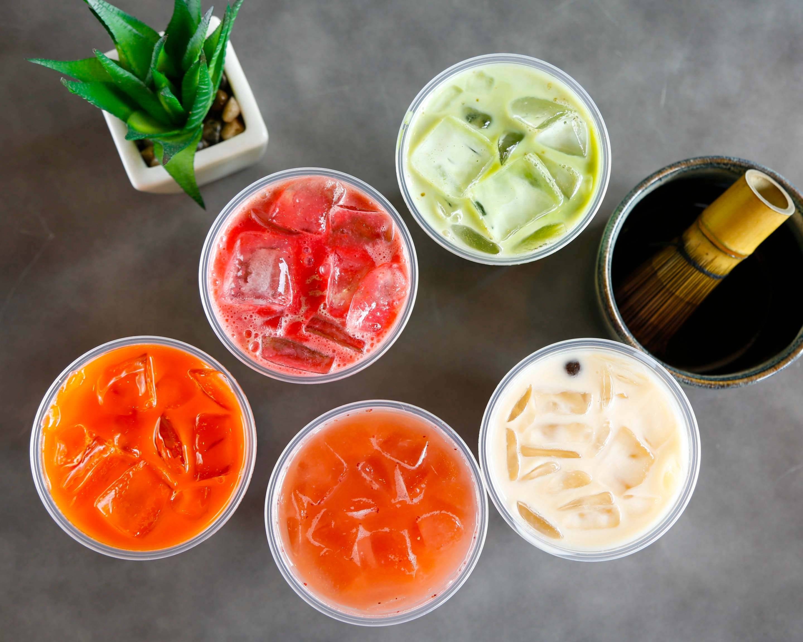aerial view of cups of bubble tea