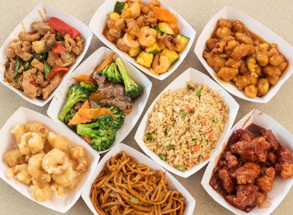 aerial view of takeout chinese food