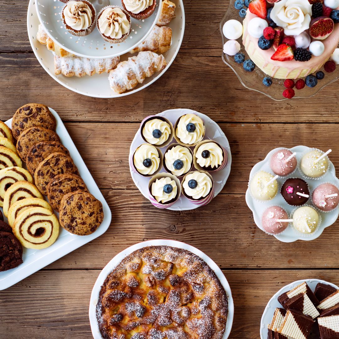 an aerial view of an array of desserts