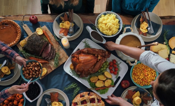 aerial view of thanksgiving table filled with food