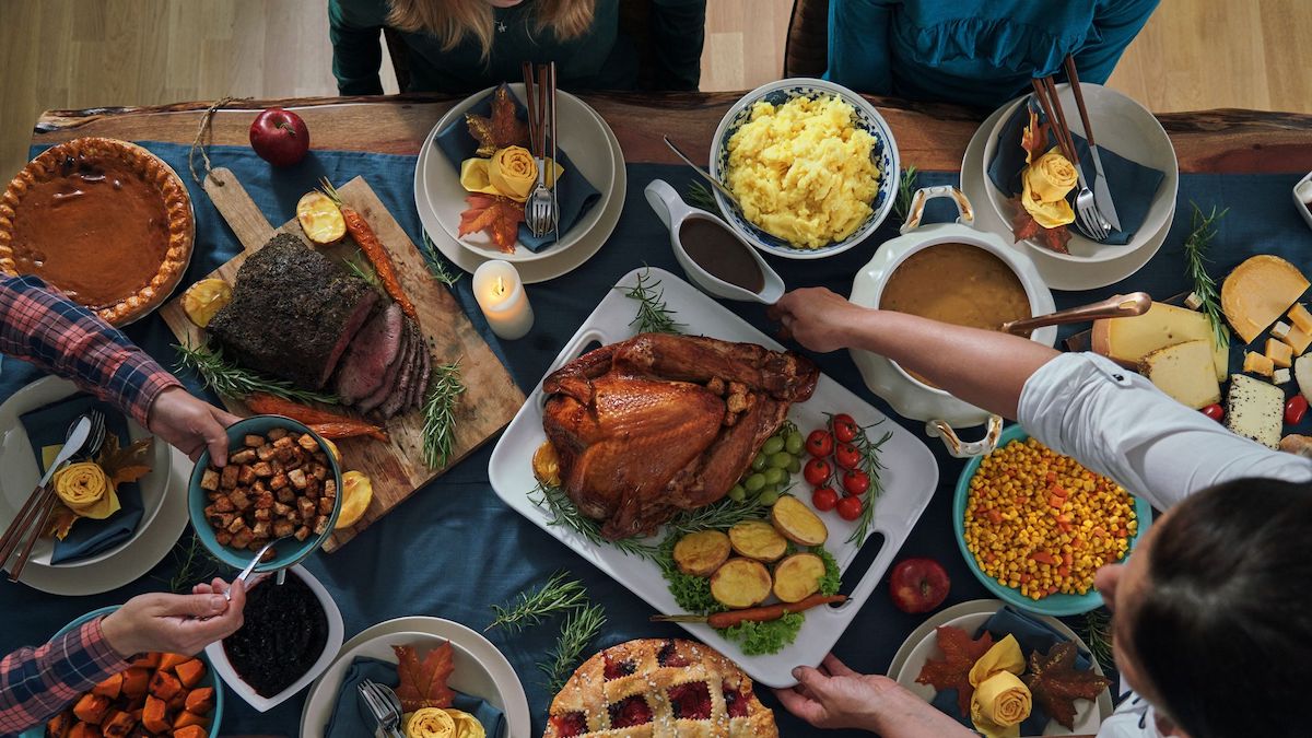 aerial view of thanksgiving table filled with food