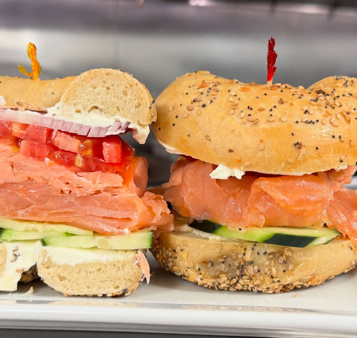 bagel sandwich piled high with fillings