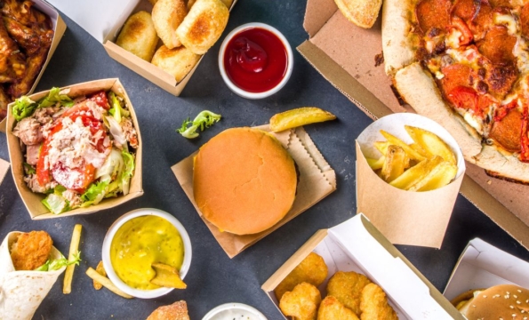 aerial view of table full of fast casual food
