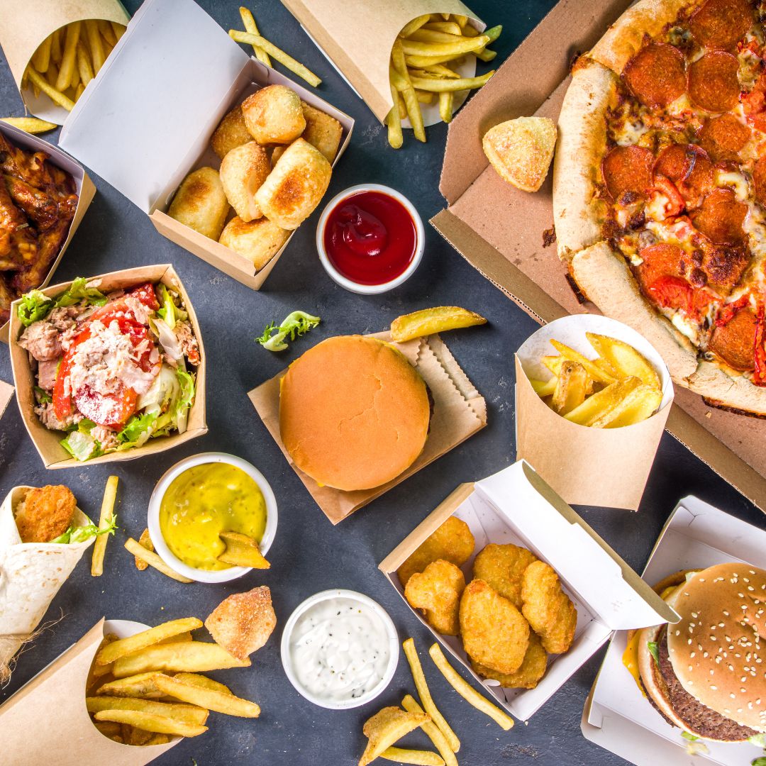 aerial view of table full of fast casual food