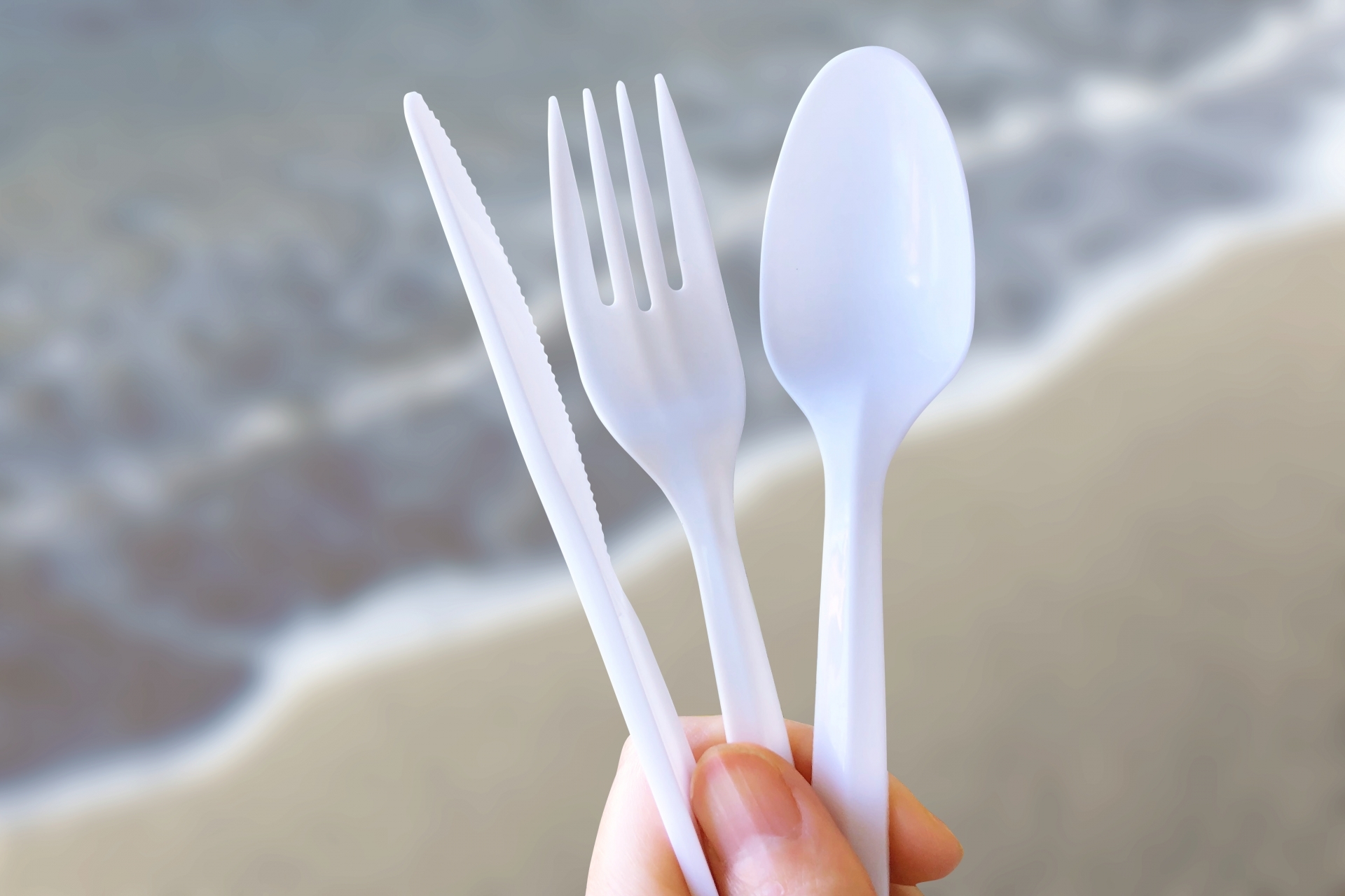 hand holding plastic utensils in front of ocean