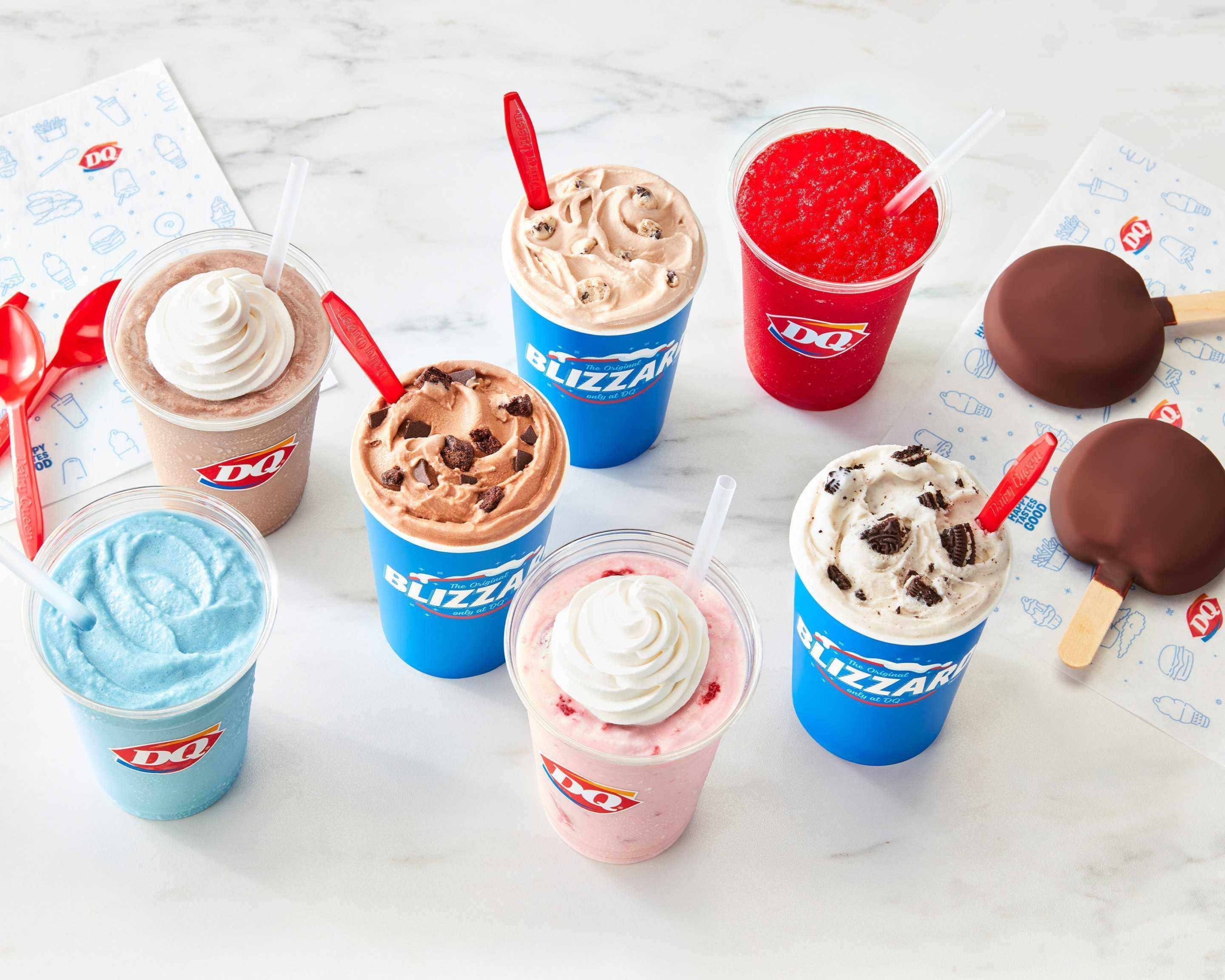 Array of dairy queen frozen goods on white marble surface