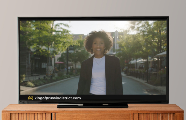 television showing an image of a woman on a street in a white shirt and black blazer, smiling