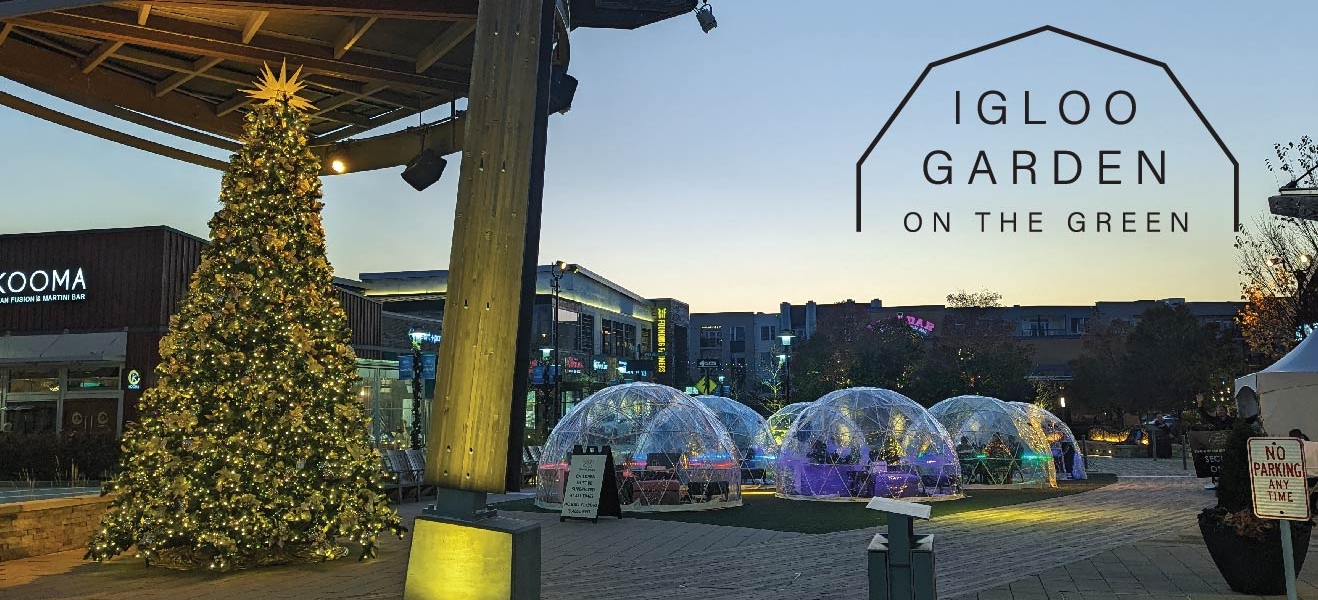 a christmas tree and large plastic igloos outdoors