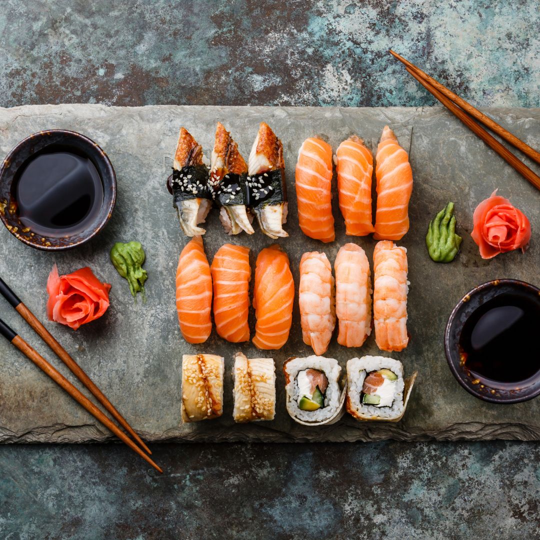 tray of colorful sushi