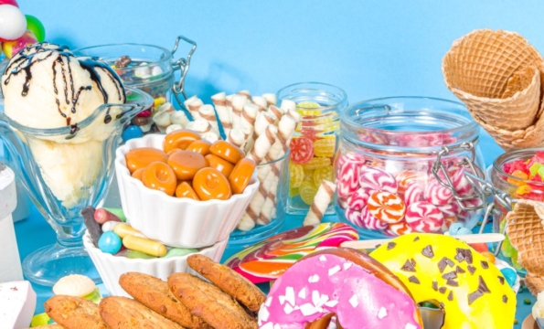 brightly colored donuts and candy on a blue surface