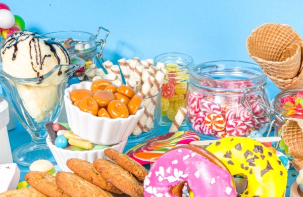 brightly colored donuts and candy on a blue surface