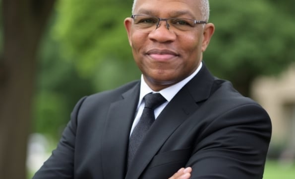 person standing outdoors in a blac suit with arms crossed, smiling