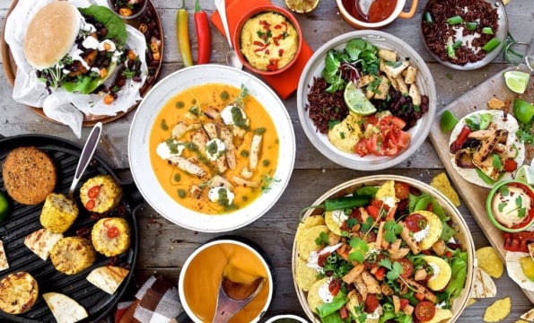 birds eye view of lare speread of vegetarian food
