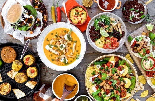 birds eye view of lare speread of vegetarian food