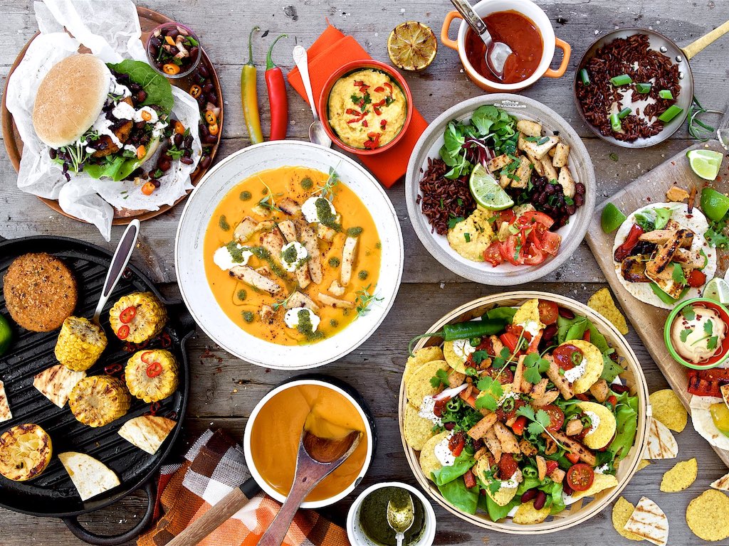 birds eye view of lare speread of vegetarian food