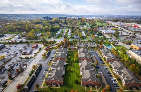 Aerial view of apartments and neighborhoods