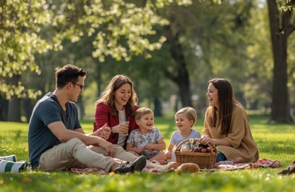 family sitting on a picnic blanket outdoors
