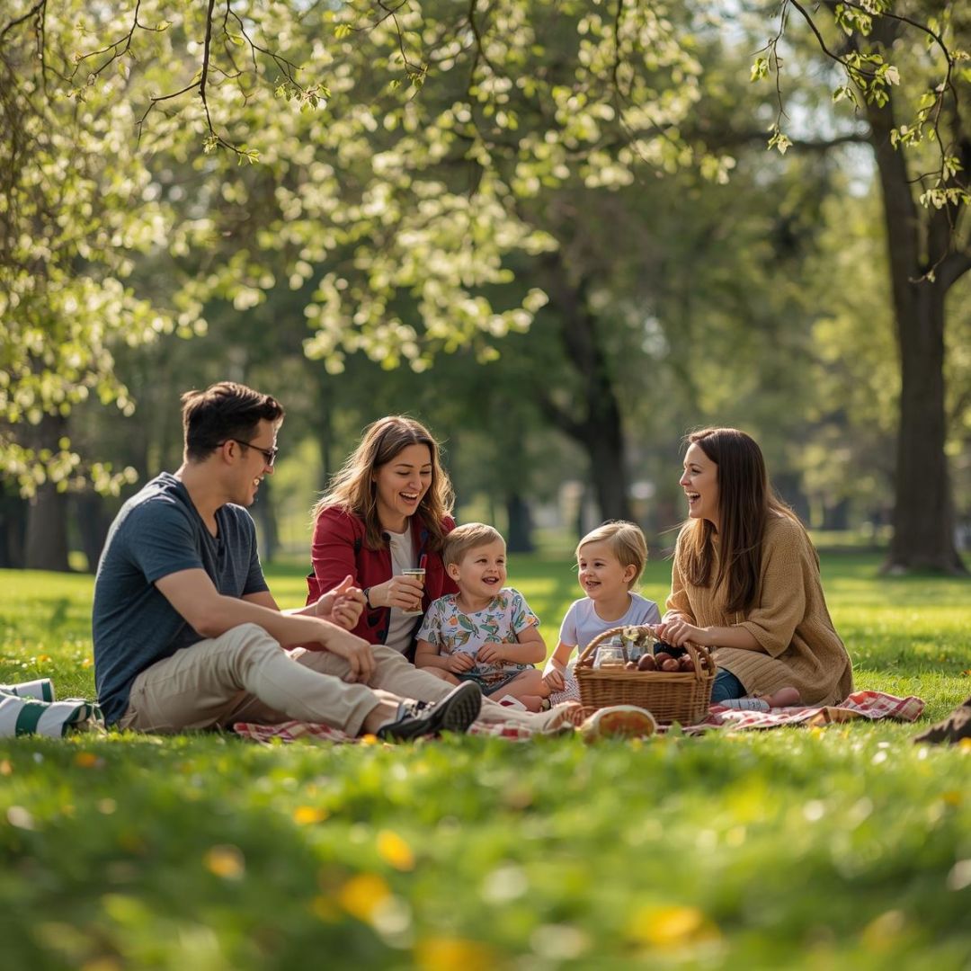 family sitting on a picnic blanket outdoors