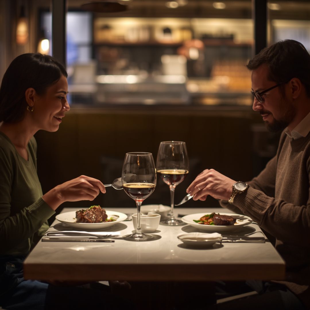 Two people cutting food at a dimly lit restaurant table