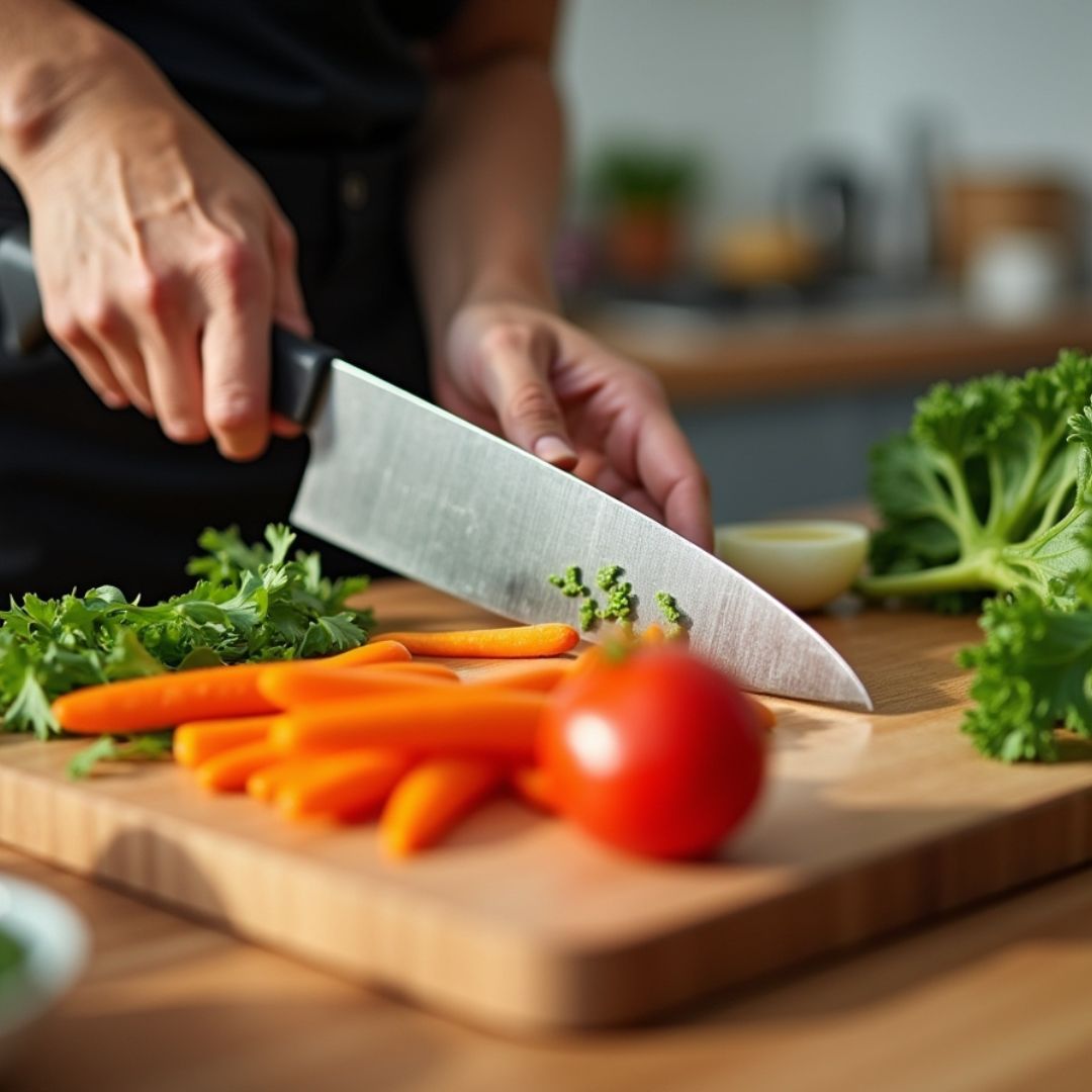 hand cutting up vegetables with a knife