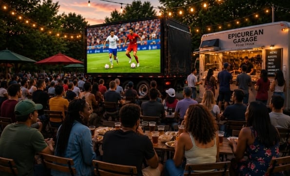 Large outdoor screen playing soccer with a crowd of people seated on the grass