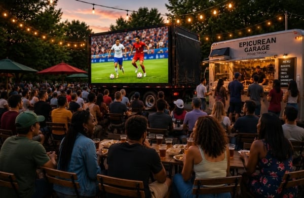 Large outdoor screen playing soccer with a crowd of people seated on the grass