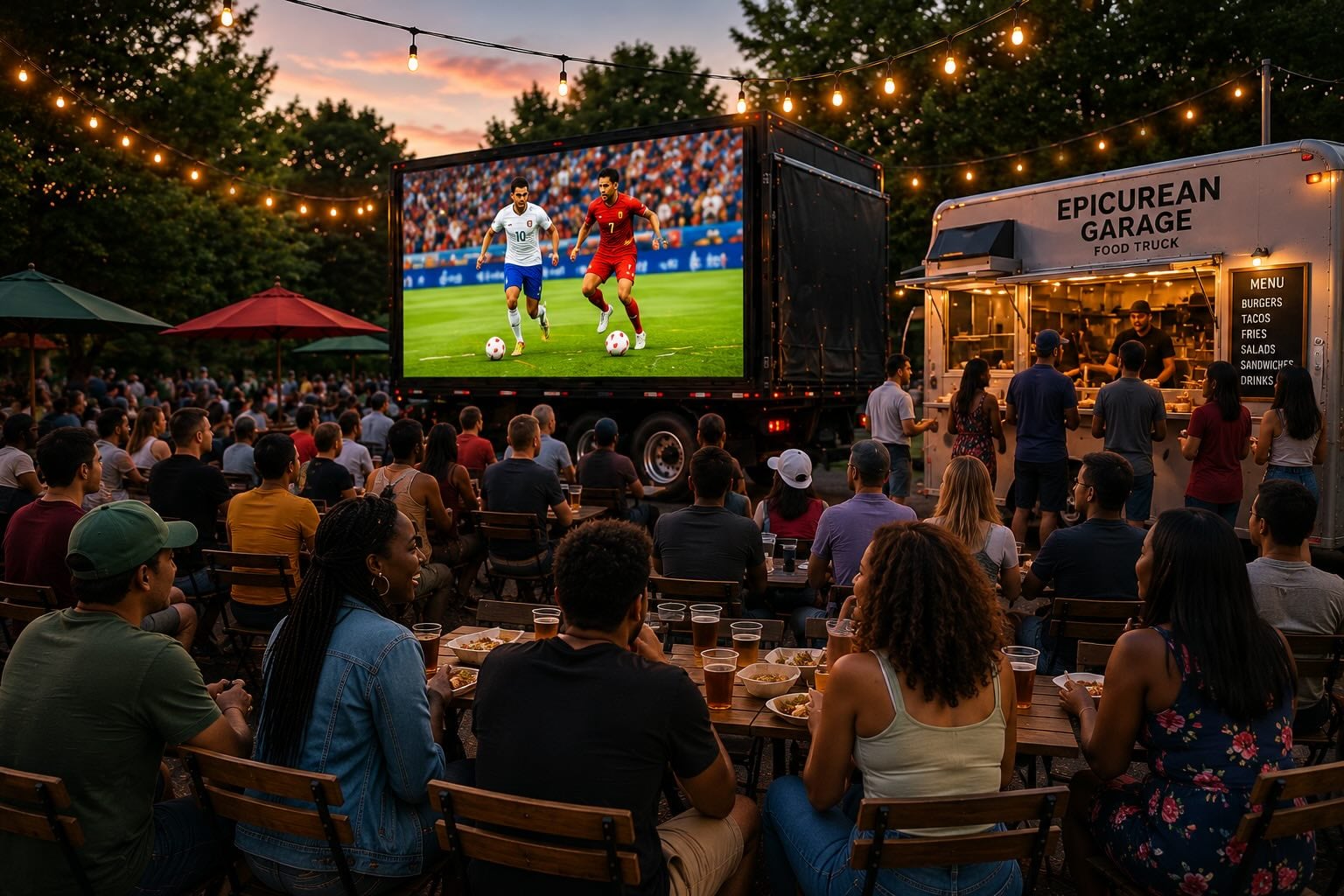 Large outdoor screen playing soccer with a crowd of people seated on the grass